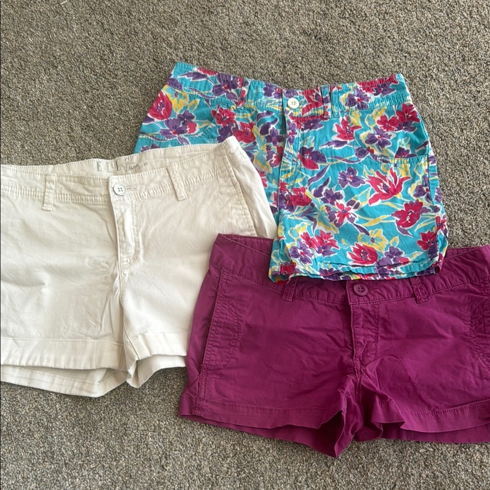 3 Women's  Shorts - Bright Floral Print, white and berry color.
